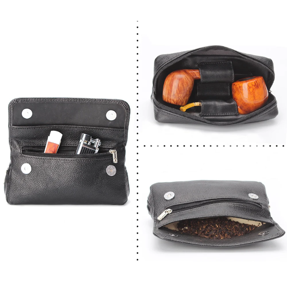 MUXIANG Black Leather Tobacco Bag Pipe Pouch Case Smoking Bag For 2pcs Pipes Tamper Filter Tool Cleaner Preserve Freshness