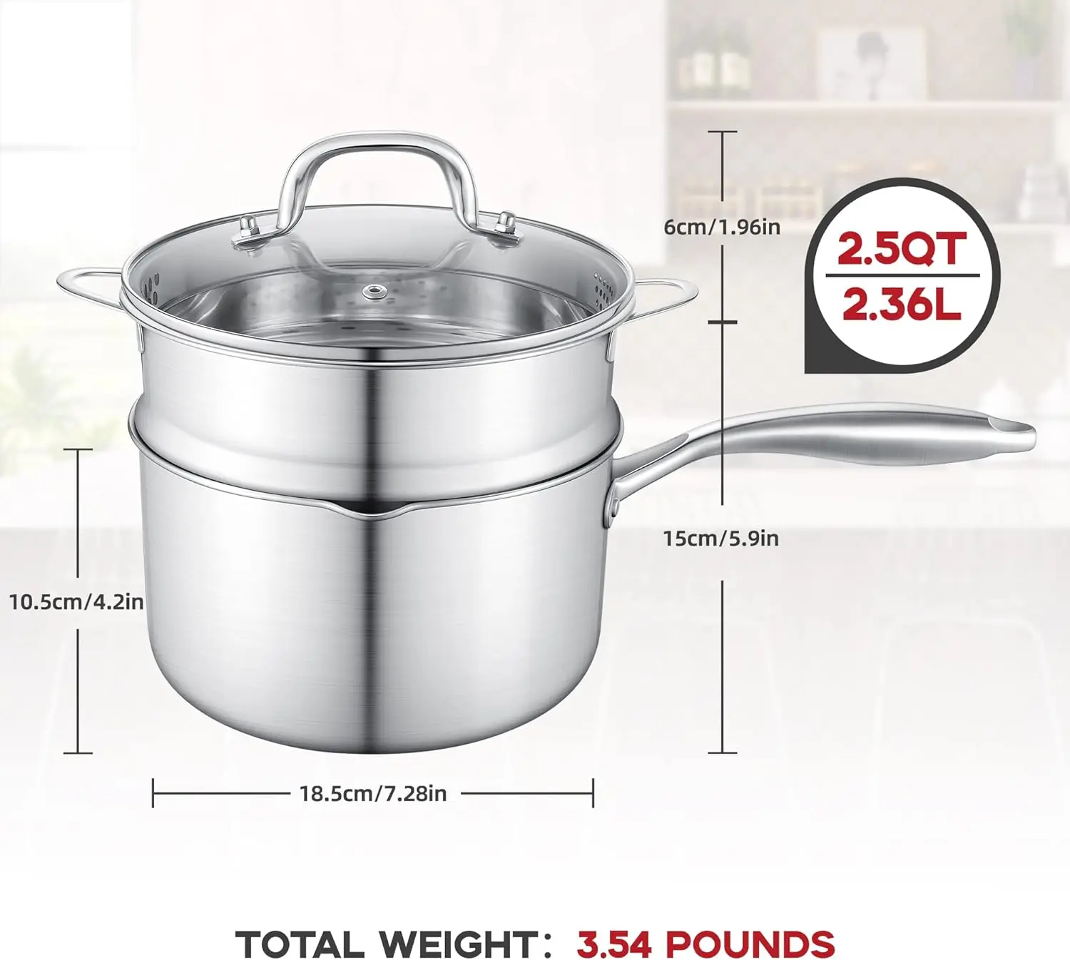 2.5 Quart Stainless Steel Saucepan with Steamer Basket Tri-ply Full Body Multipurpose Sauce Pot with Two-Size Drainage Holes Lid