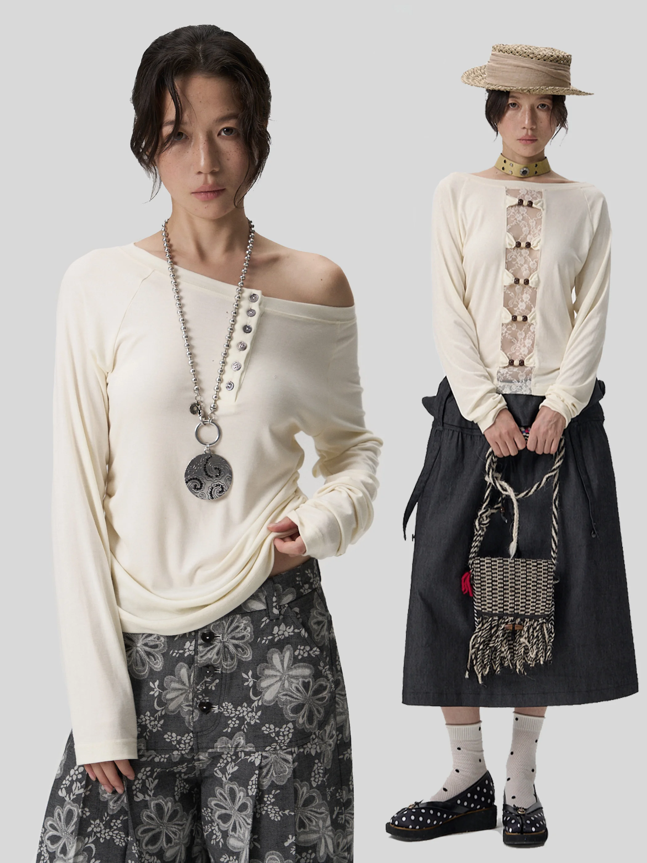 

Yeoyeom Silk Wool Double-Sided Wear Base T-One-oulder Beaded Hollow out Vintage Slimming Comfortable irt for Women