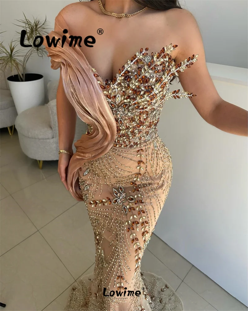 Lowime 2024 Champagne Aso Ebi Crystals Mermaid Prom Dress Long Arabic Evening Second Reception Engagement Gowns Wedding Dresses