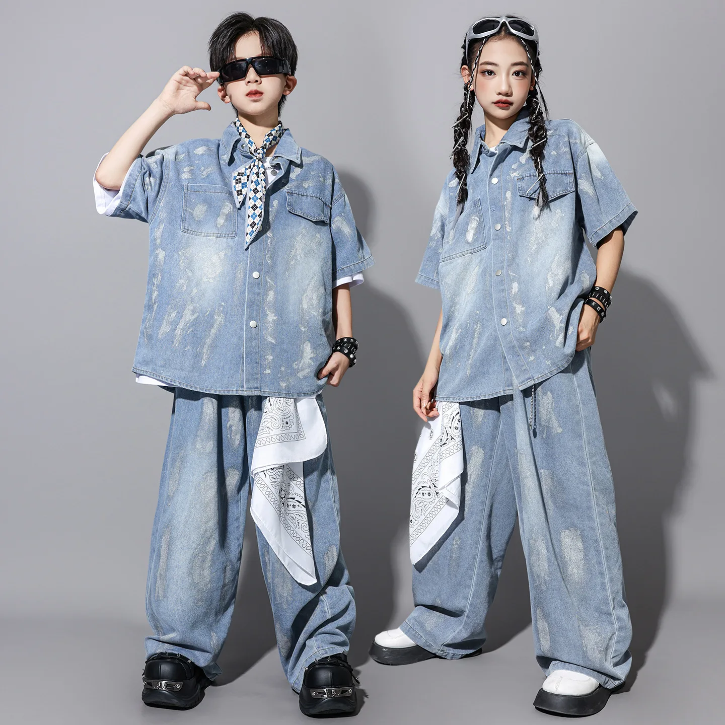 Hip Hop Girls Cool Crop Top Denim Vest Ripped Jeans Clothes Set Boys Jazz Street Dance Cargo Pants Child Kids Streetwear Costume