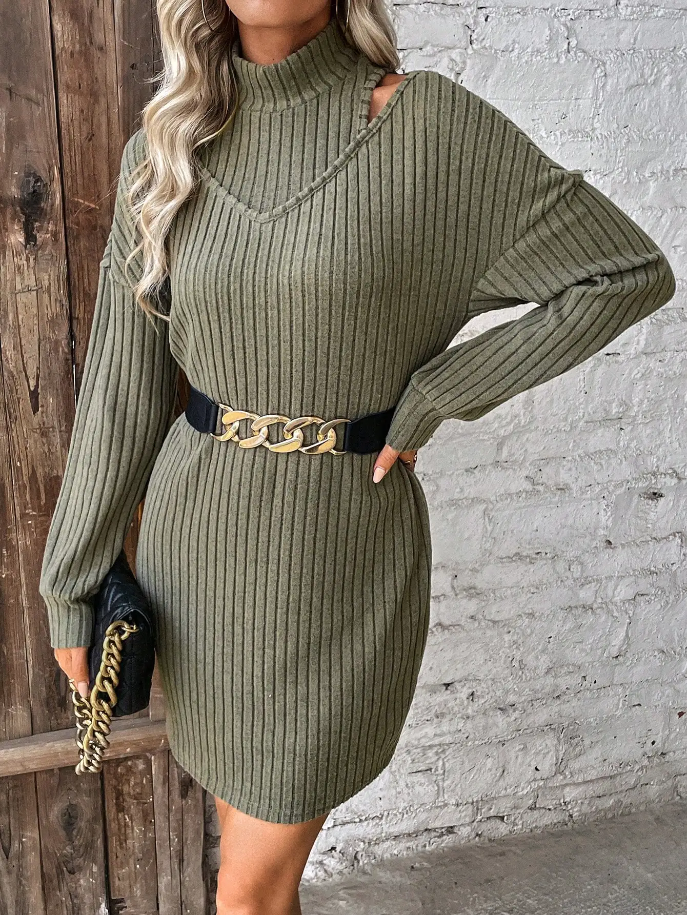 2024 new women\'s dress old long sleeve hollowed-out ribbed belt knitted interstrip loose casual women\'s dress