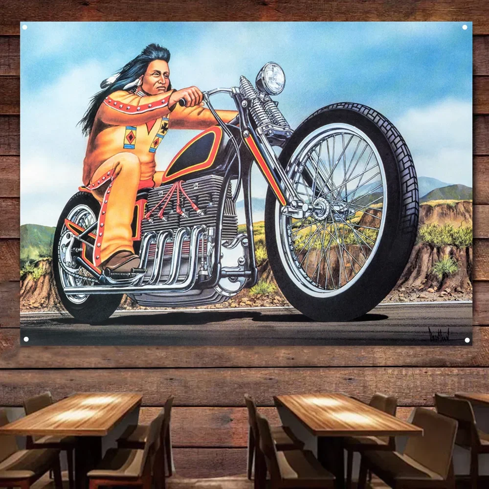 Indian Rider Vintage Motorcycles Banner Flag Poster Wall Art Painting Tapestry Man Cave Bar Club Pub Garage Home Decor Sticker