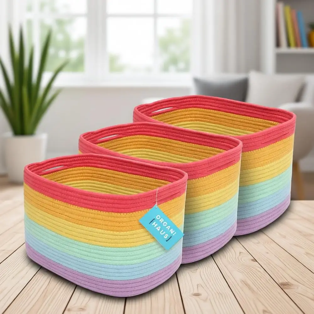 

3-Piece Rainbow Woven Basket Set: Decorative Storage for Kids, Nursery, and Classroom