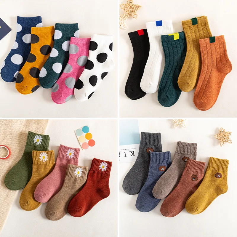 5 Pairs Baby Boys Winter Socks Cartoon Bear Kids Spring Autumn Cotton Breathable Keep Warm Floor Anti-skid Girls Socks