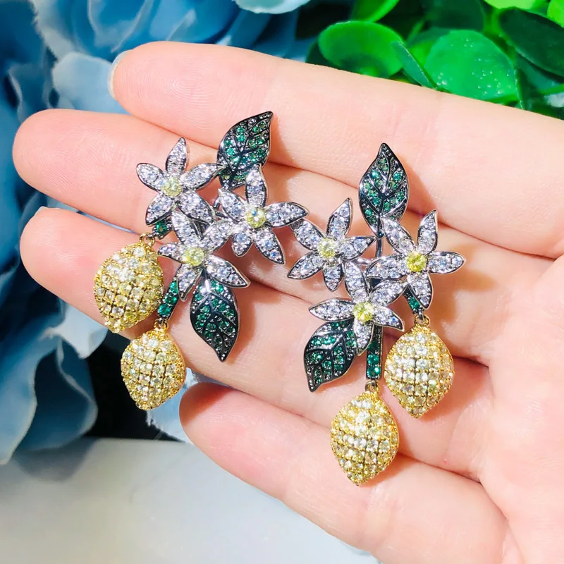 

Vintage Copper Floral Earrings - Golden Fruit Zircon Inlay Emerald Leaves