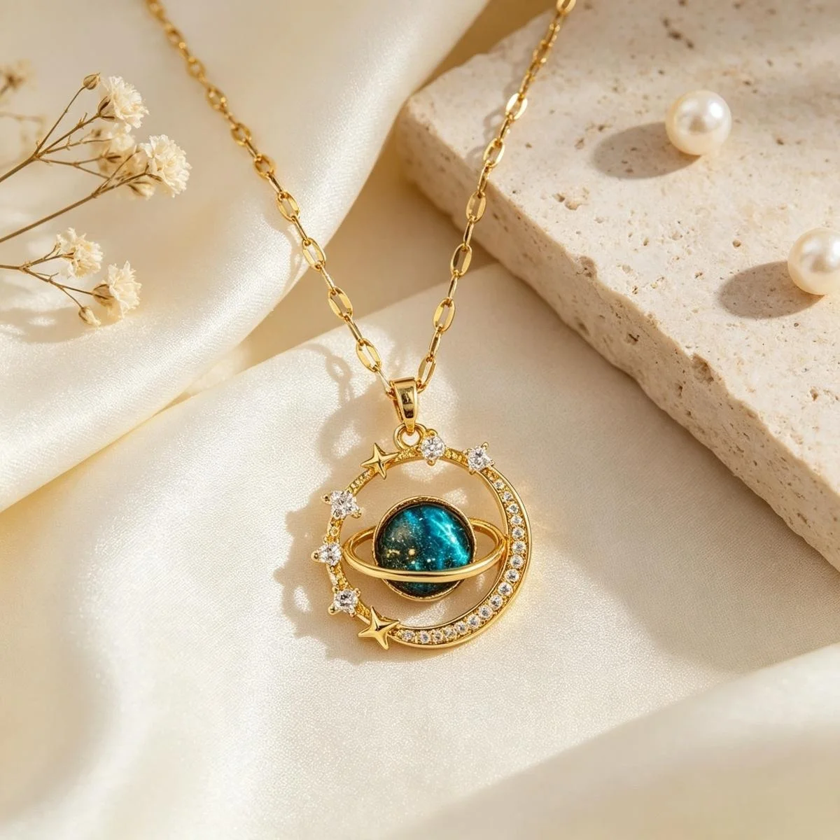 Planet Necklace for Women Moon Star Saturn Pendant Rhinestone Jewelry Space Galaxy Necklace Trendy Fashion Party Accessory