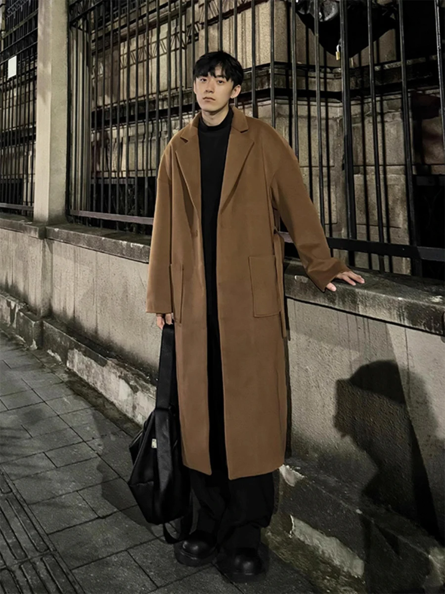 

Korean Sle Men's Woolen Coat Autumn Winter Mid-Length Fce-Lined Warm Windbreaker Faionable Over-Knee Outerwear