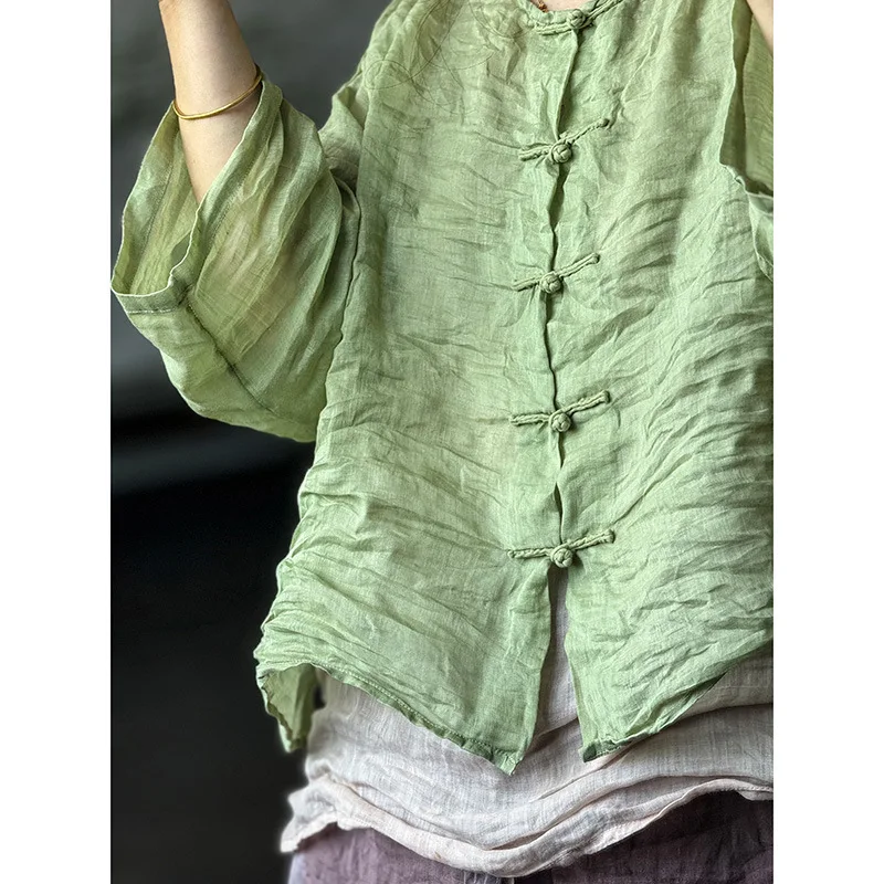 Origineel ontwerp Chinese stijl Ramee zomer Chinese knop shirts voor vrouwen O-hals lange mouw dunne 2025, nieuwe vrouwelijke vintage top