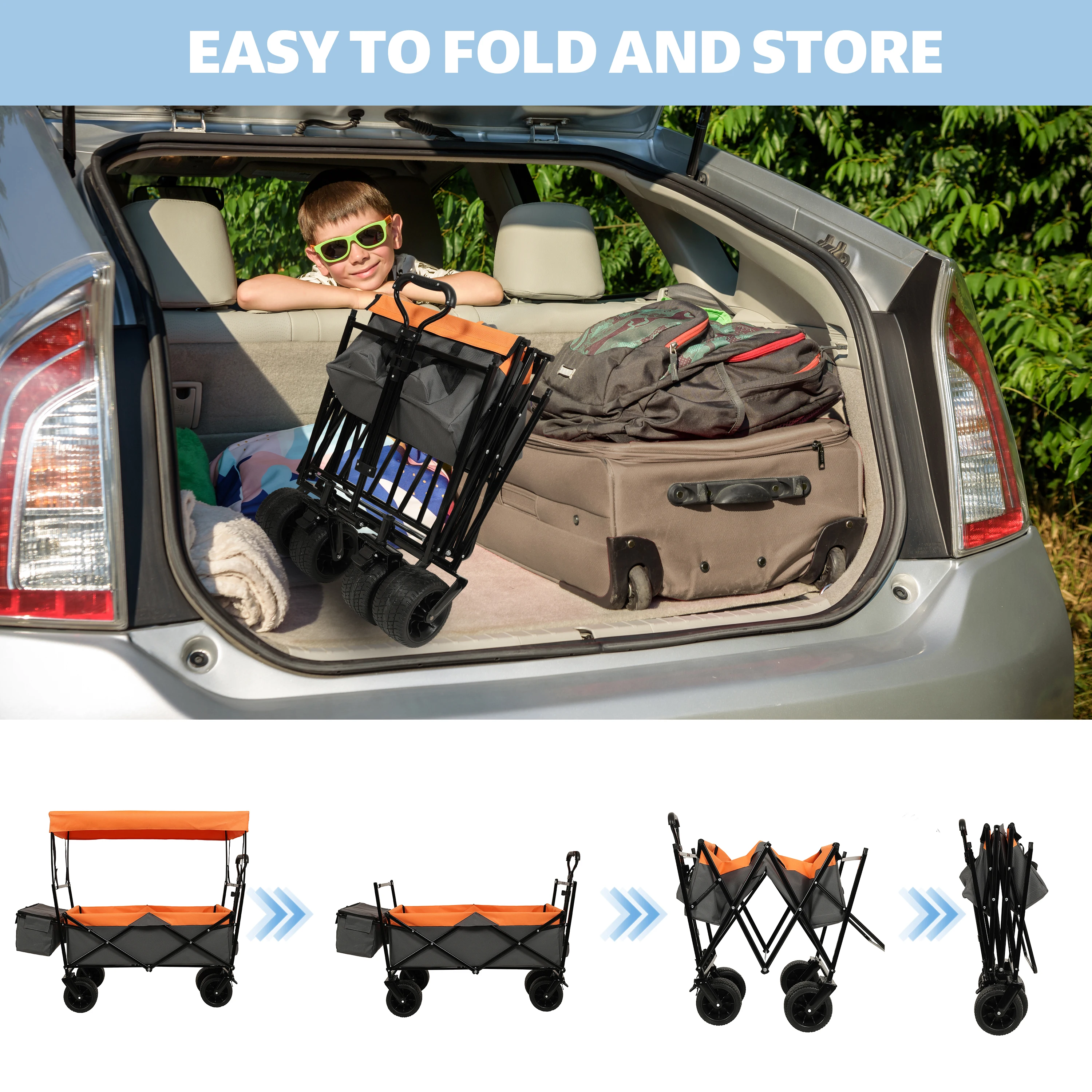 480Lbs Collapsible Wagon with Canopy,Wagon Stroller with 7" All-Terrain Wheels, Lightweight Foldable Wagon, Large Capacity for