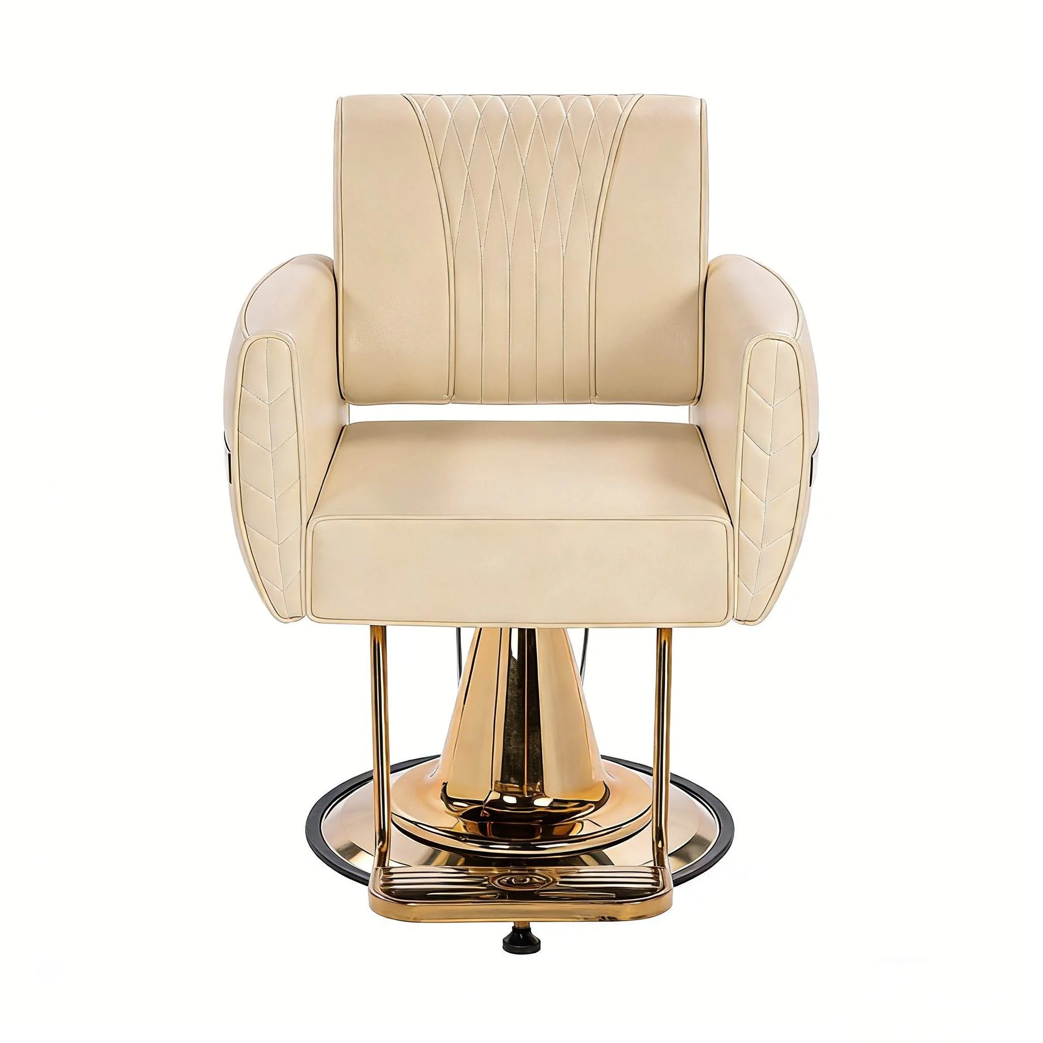 Durable hydraulic leather barber chair with gold base, 360-degree rotation, height adjustable, modern design,