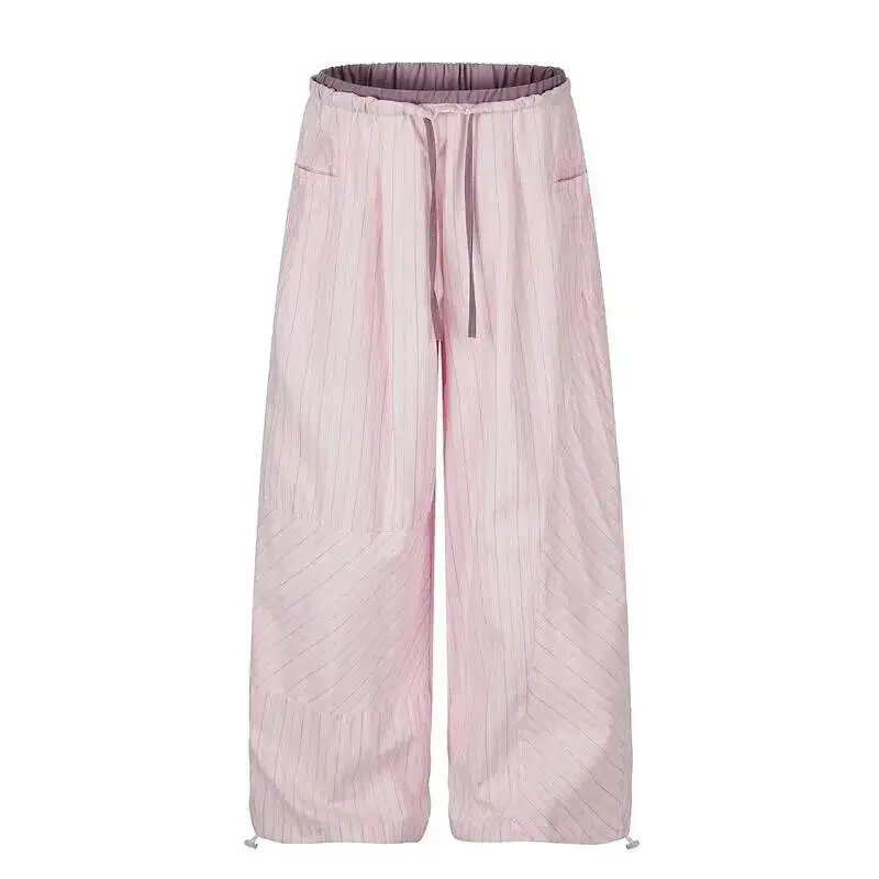 Striped Patchwork Drawstring Double Waistband Casual Men's Pants Loose Fitting Straight Leg Floor Length Trousers KO60
