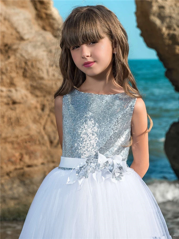 Vestido Flower Girl para Primeira Comunhão, Princess Ball Gown, Elegante Sem Mangas, Renda De Tule, Impressão, Presente De Aniversário, Vestido De Noite Para Crianças