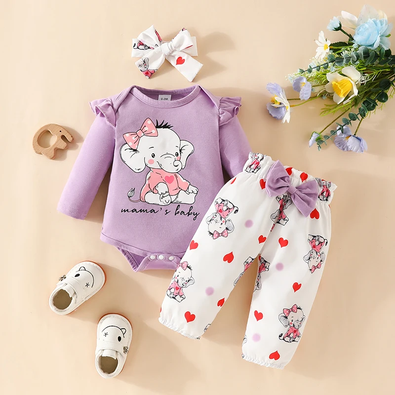 3PCS Baby Girl Sets Cartoon Elephant Printing Bodysuits Long Sleeve Onesies Top Elastic Waist Trousers Infant Outfit 0-18 Months