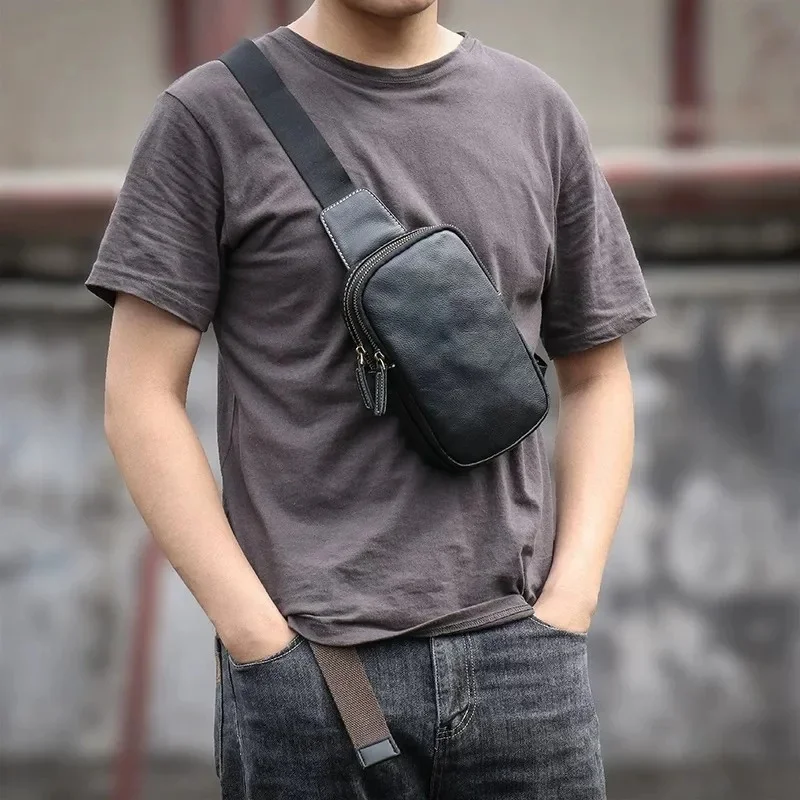 Chest Bag Men Genuine Leather Casual Crossbody Simple Versatile Korean Trendy Small Backpack Durable Design
