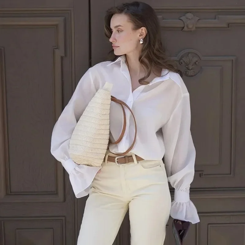 

Women's Casual See-Through Patchwork Blouse Long Sleeve Lapel Top Loose Streetwear Shirt
