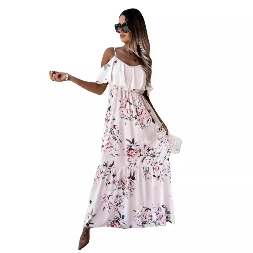 New Summer Fashion Women Floral Sexy Dress Off Shoulder Sunflower Dress Female Casual Beach Sundress Evening Party Long Dresses
