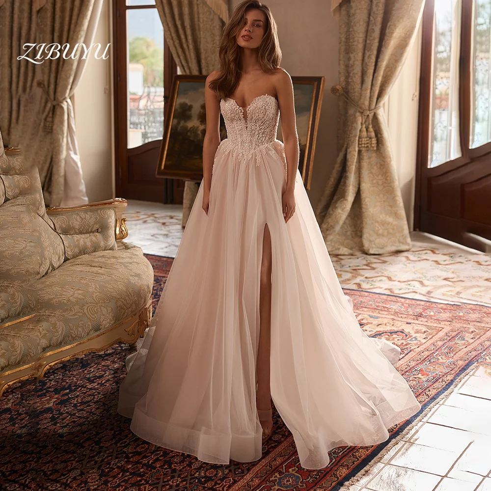 

ZIBUYU Customized 2026 Elegant Luxury Wedding Dress Sweetheart Backless Lace Appliques Tulle A-Line High Side Slit Bridal Gown