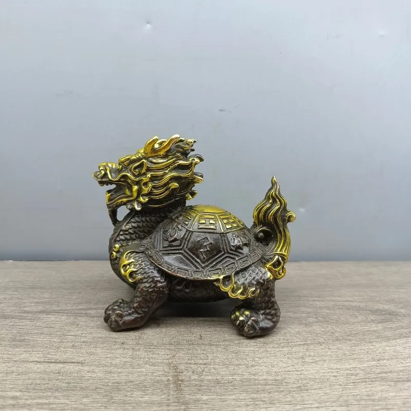 Gilt copper turtle ornament with eight trigrams dragon head, office and home decor, living room entrance decoration,