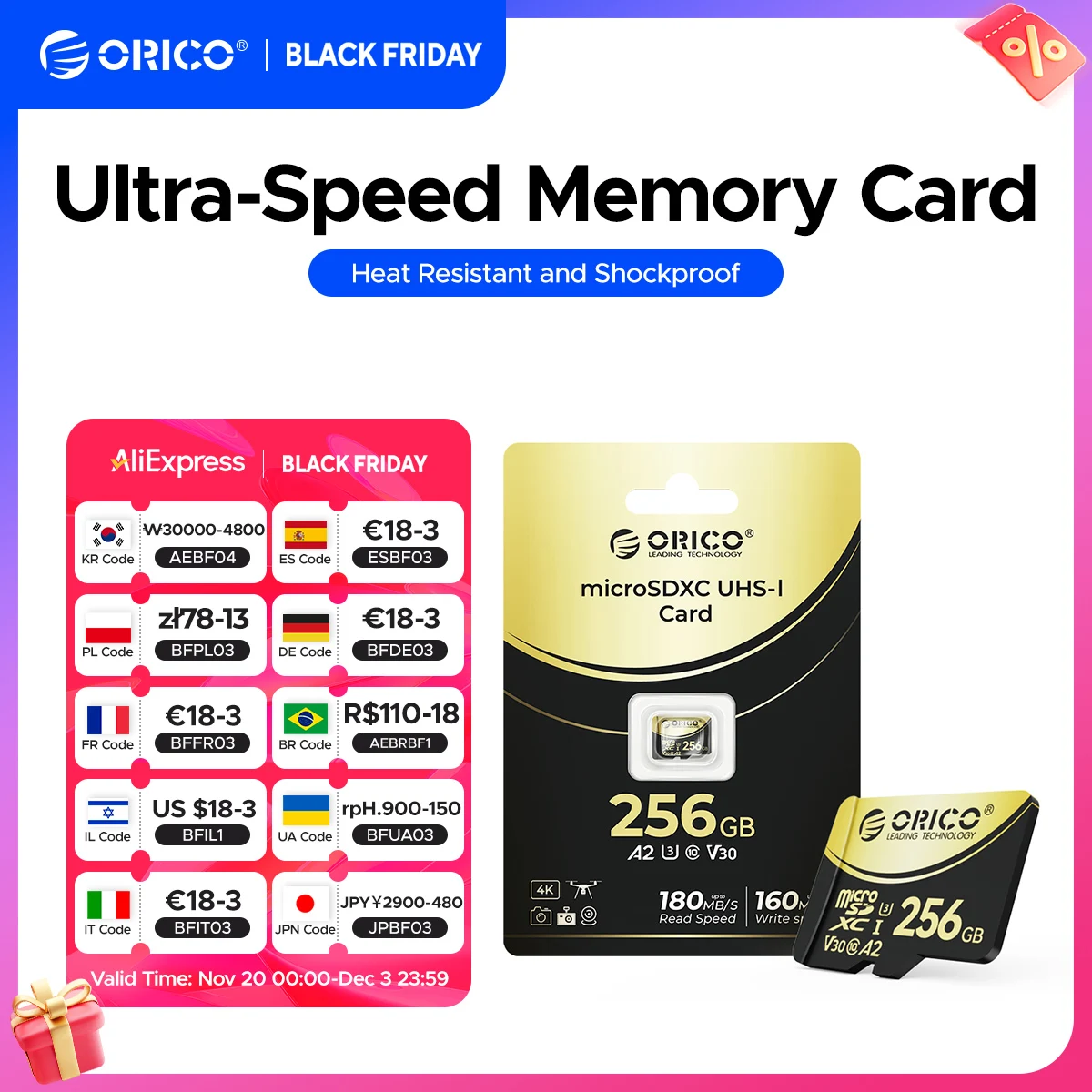 

Карта памяти ORICO Micro SD TF 512 ГБ microSDXC До 180 МБ/с Full HD и 4K UHD C10, U3, V30, A2, для дрона GoPRO DJI