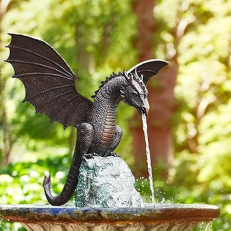 Creative Garden Fountain Water Spray Dragon Fire-breathing Pattern Resin Waterscape Sculpture Garden Table Decoration