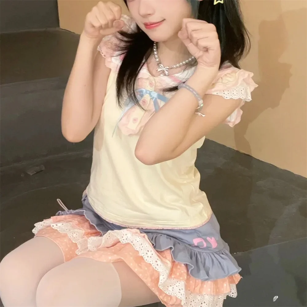 

Grunge Single Breasted Summer Cartoon Printing T-shirt Streetwear Harajuku Slim Fit Fairy Tees Japanese Lace Patchwork Crop Tops