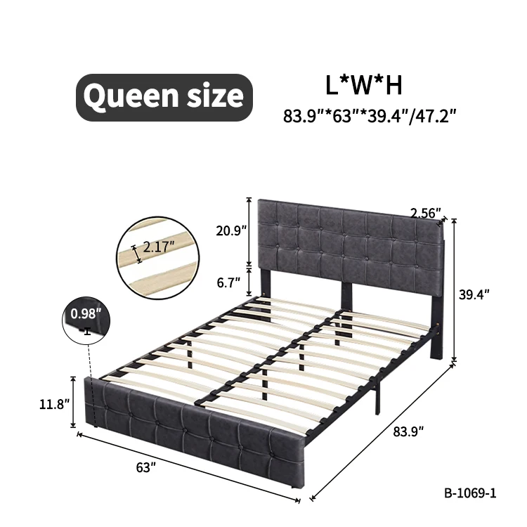 Queen/Full Bed Frame Modern Tech cloth Upholstered Platform Bed W/Adjustable Headboard Heavy Duty Button Wood Slat Support Grey