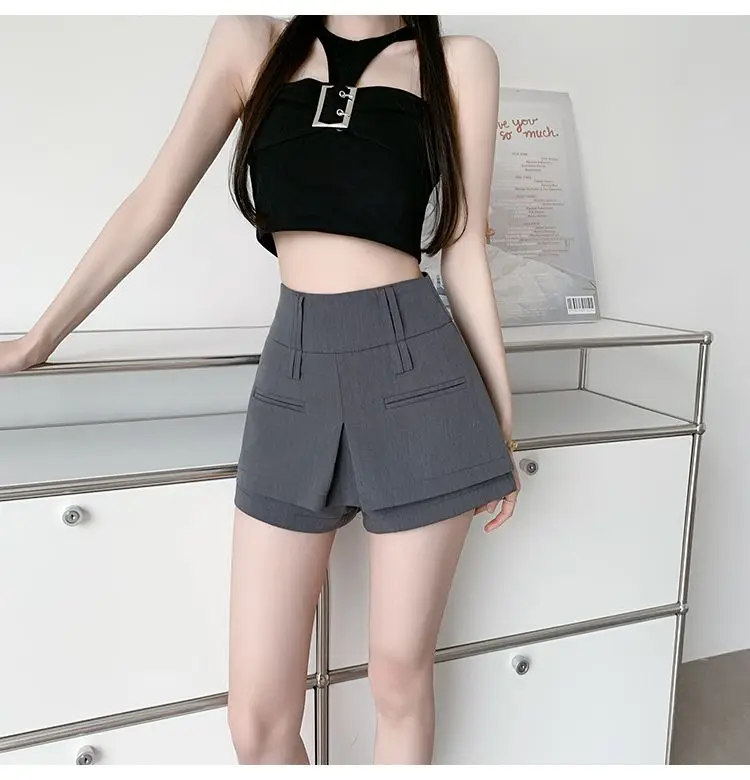 Summer New Solid Color High Waisted Fake Two-Piece Skirt Pants for Women, Elegant and Fashionable British Style Slim Fit Shorts