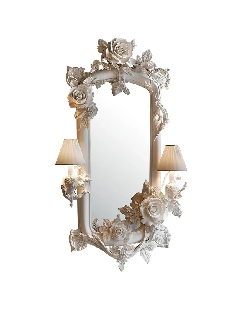 2024  original French carved bust mirror European living room fireplace decorative mirror beauty salon makeup mirror with lamp