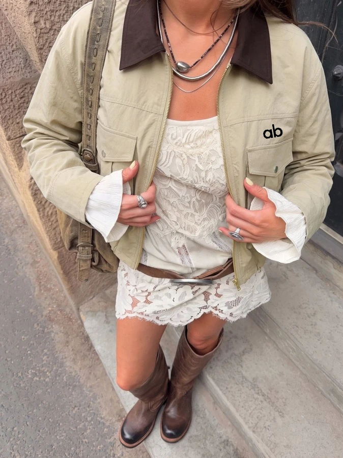 Women Casual Daily Commute Outfit Retro Khaki Contrast Brown Lapel Cropped Utility Jacket Loose Fit Long Sleeve Pocket Detail