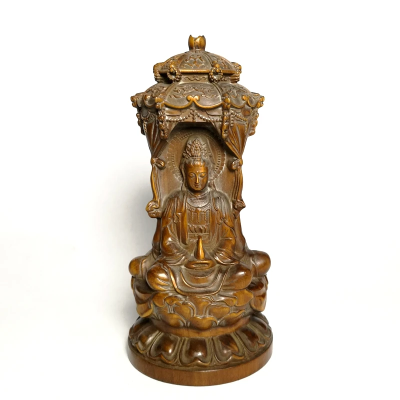 1919 Antique art Size 5.7 Inch Old Chinese Boxwood Wood Hand Carving Avalokitesvara Buddhism Buddha 3 Figure Statue Decoration