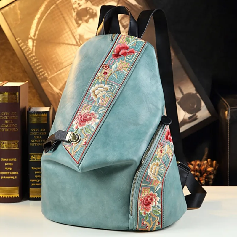 

Retro Genuine Leathe Women Backpack Embroidered Design Ladies Bag Travel Backpacks Mother Anti-Theft Backpack Fashion Trend