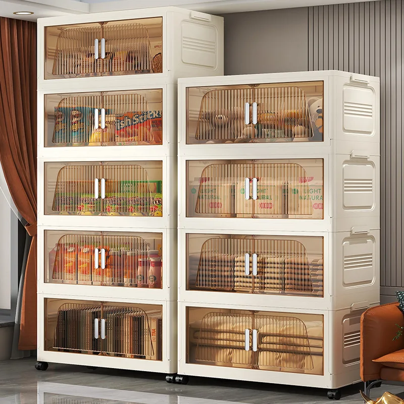 Boîte de rangement pliable à 4 couches avec roulettes, porte transparente, grande capacité, bacs de rangement empilables, organisateur de maison, conteneur pour articles divers