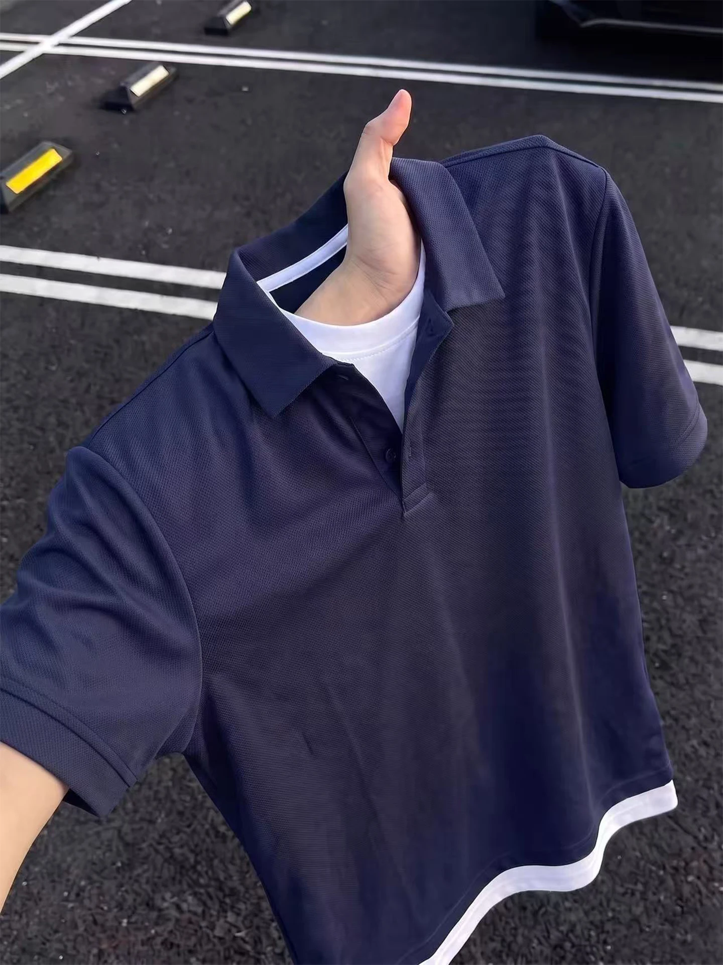 Casual Patchwork Short Sleeve  Shirt Men's Summer Heavyweight T-Shirt Half Sleeve Cleanfit Flip Collar Micro Stretch