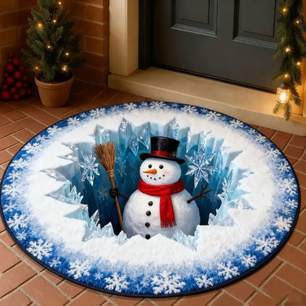 Cartoon Cute 2D Flat Printed Christmas Rug Non-Slip Velvet Christmas Doormat Santa Claus Floor Mat Round Vortex Carpet Kitchen