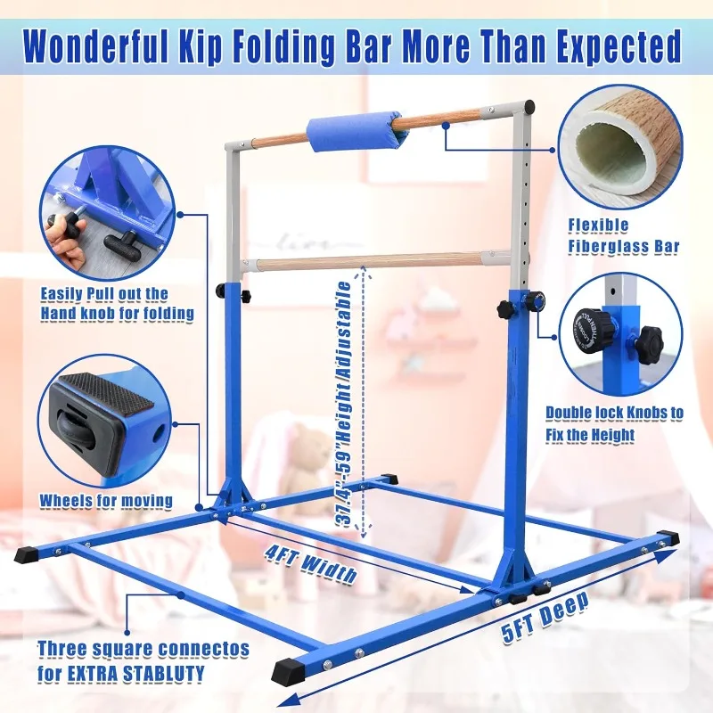 Foldable Gymnastics Bar,5FT/6FT Gymnastic Horizontal Bar,Folding Kip Bar for Kids Teenagers 3-20,Adjustable Height