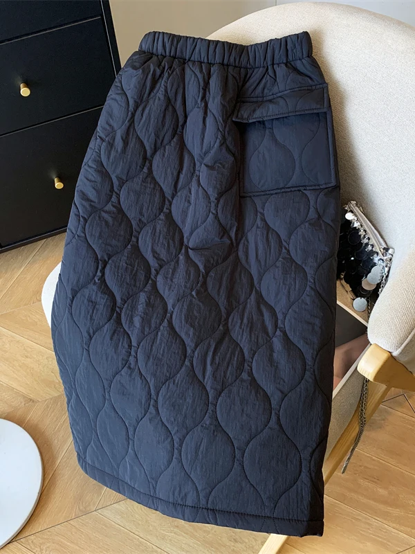 Thickened down Cotton Half Skirt Women's Winter Warm Mid-Length A-Line Wrap around Skirt with Slit One Step Straight Cut