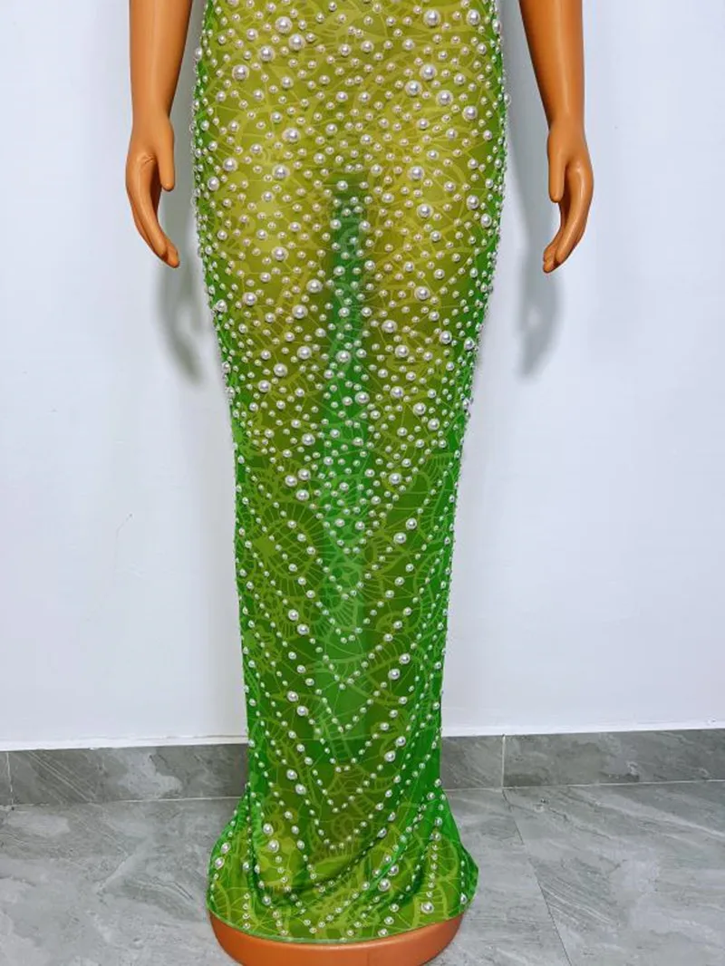 Zielony nadruk Białe perły Urodziny Świętuj Długa sukienka Bez rękawów Siateczka Przezroczysta Tancerka Pokaż Festiwal Odzież
