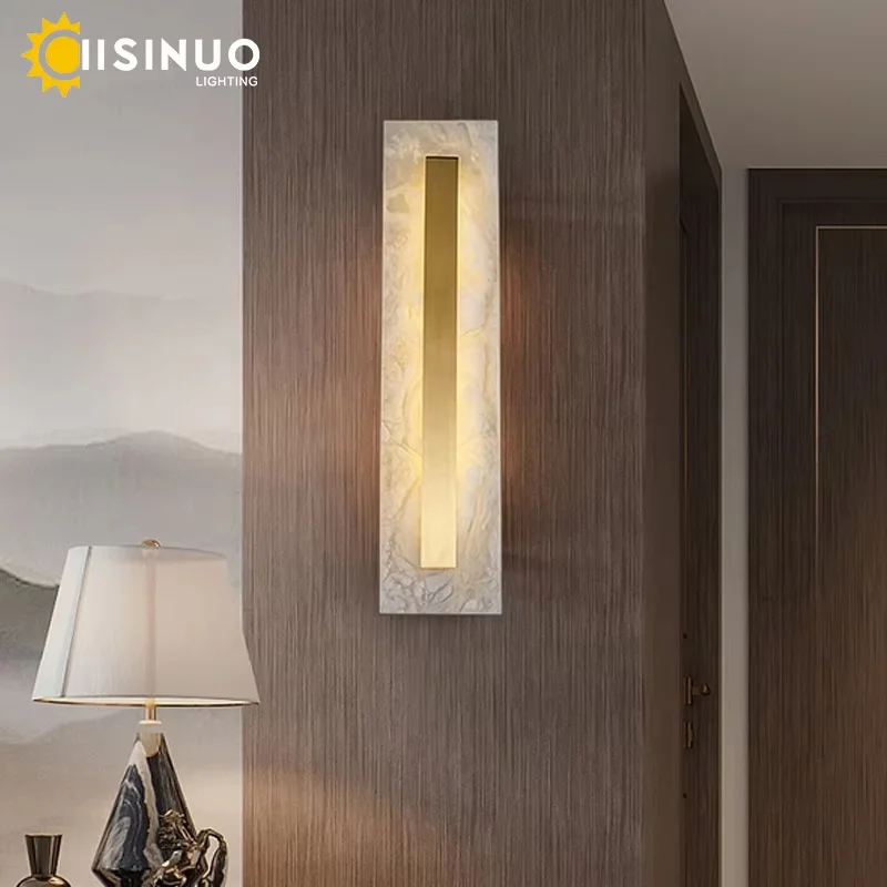 Minimalist Luxury Marble Wall Light Modern Copper Gold Wall Sconce LED Bedside Wall Mount Light Fixture for Bedroom Hotel Corrid