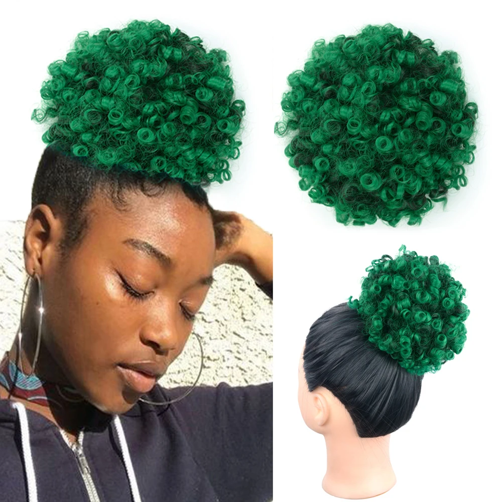 Rabo de cavalo sintético verde Afro Puff para mulheres, cabelo curto e encaracolado, bun puffs para meninas