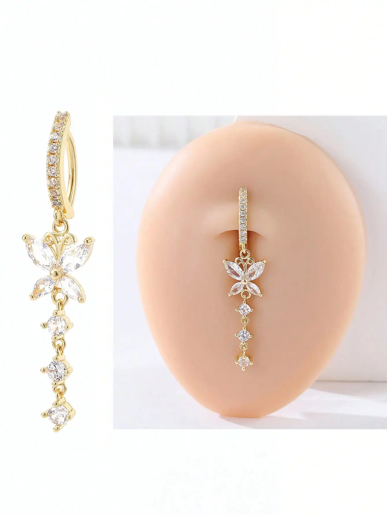 

Золотистое кольцо для пирсинга пупка с подвеской в виде бабочки и кристаллами для женщин, украшение для тела с кристаллическими вставками