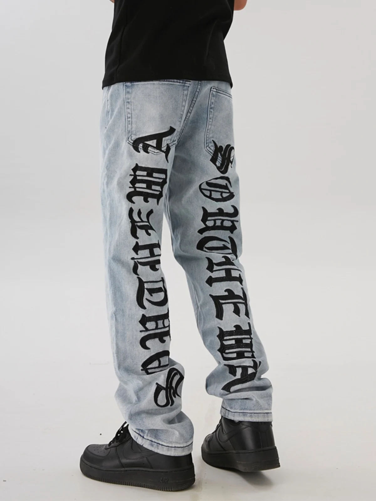 Zuid-Amerikaanse Sle Casual Retro Hip Hop High Street Jeans Heren Gothic Tekst High Densi Borduren Losse broek met rechte pijpen