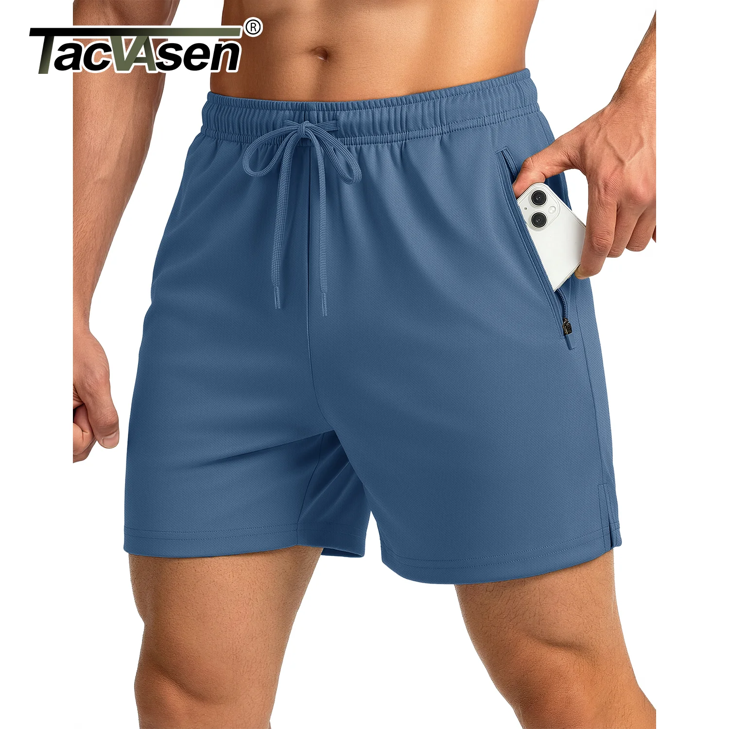 

Мужские спортивные шорты TACVASEN для бега, сетчатые, быстросохнущие, легкие, 5 дюймов, с завязками, для тренировок в спортзале, с карманами на молнии
