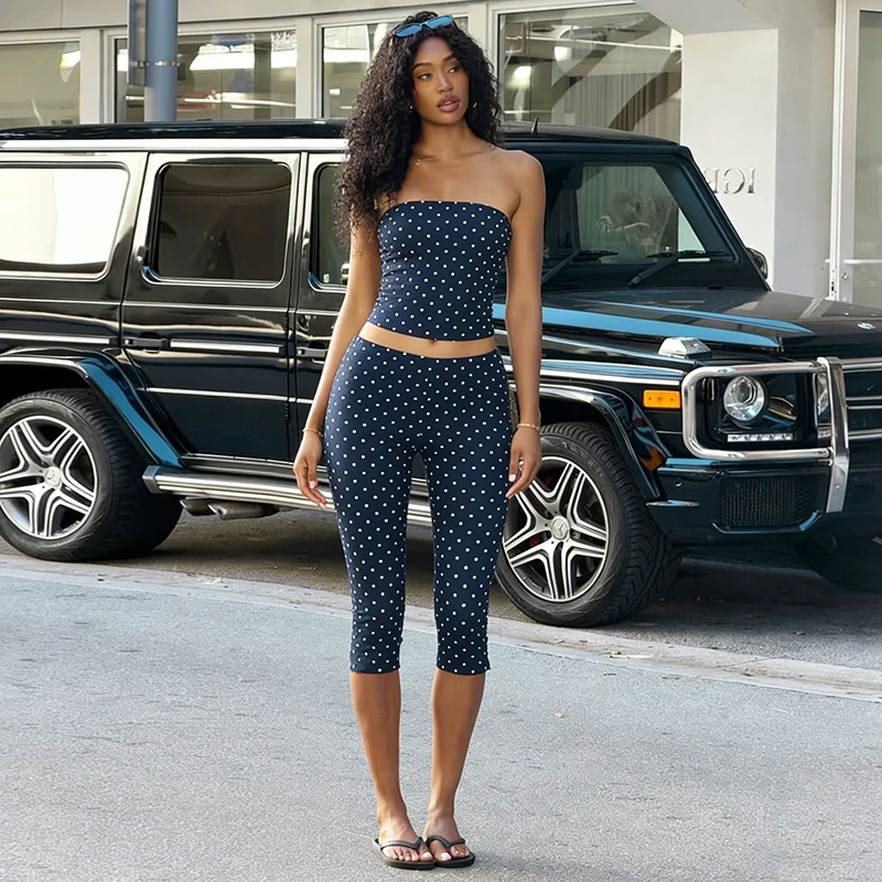 

New Summer Ladies Sexy Hot Girl Wave Dot Printed Tube Top Tight Cropped Pants Two-piece Daily Dating Fashion Party Set