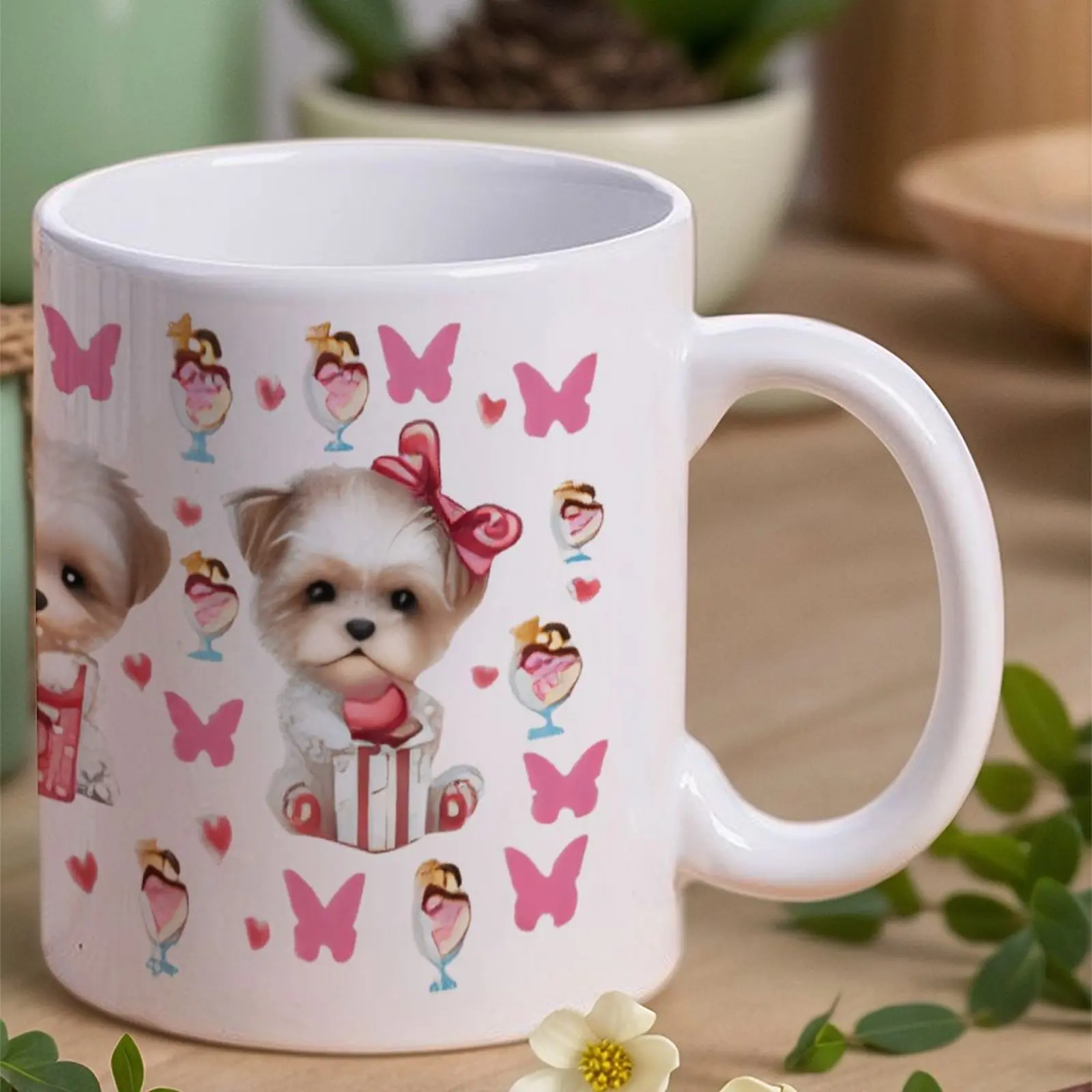 

Three Cute Puppies With Pink Bows And Hearts On A White Background Coffee Cup, 11oz Cute Mug Unisex