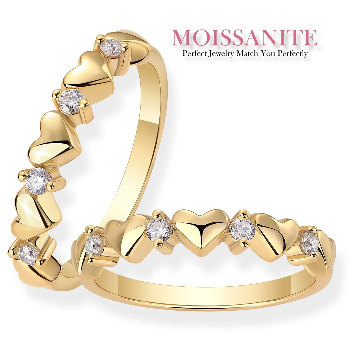 

2mm Golden Heart Ring with Sparkling Moissanite Accents – S925 Sterling Silver for a Timeless Symbol of Love and Elegance