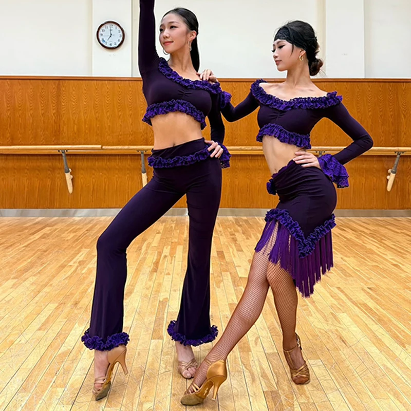 Purple Latin Dance Costume Women Ruffled Tops Skirt Pants Fringe Dance Clothes Cha Cha Ballroom Dance Performance Wear DNV22030