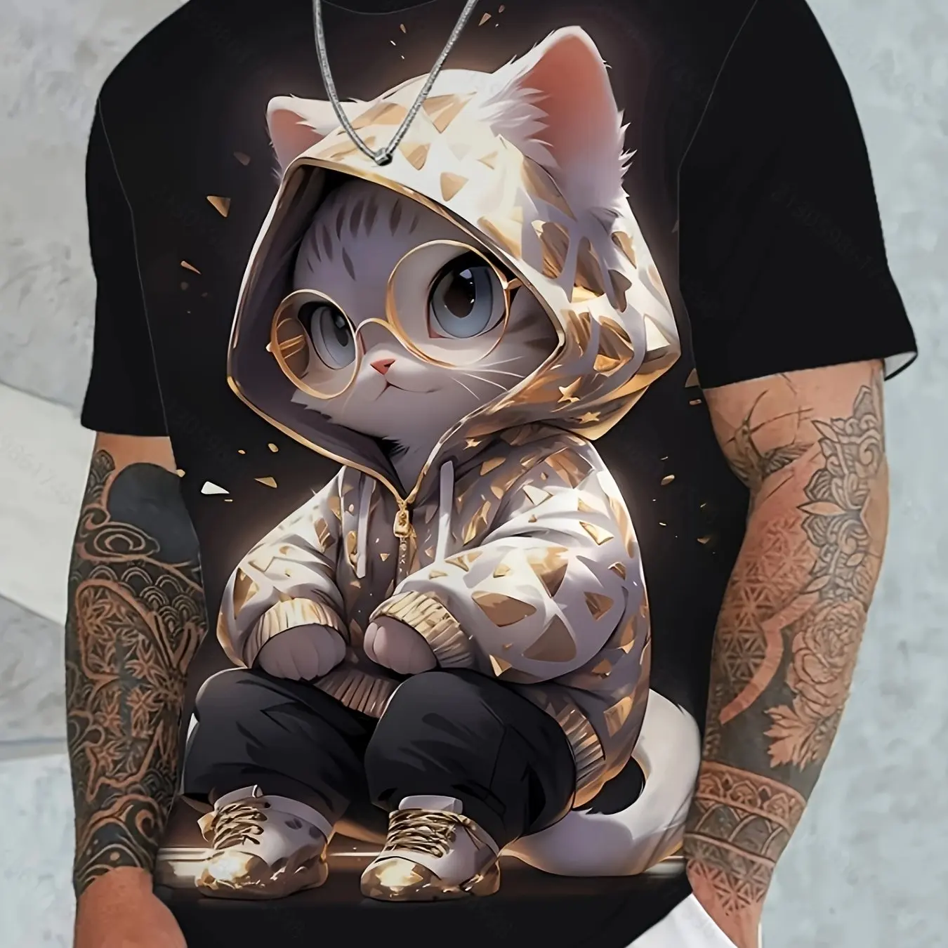 Men\'s T-Shirt Animation Style Cat With Hoodie Glasses Pattern 3D Printing Tees Short Sleeve T-shirts Oversized Men Clothing Tops