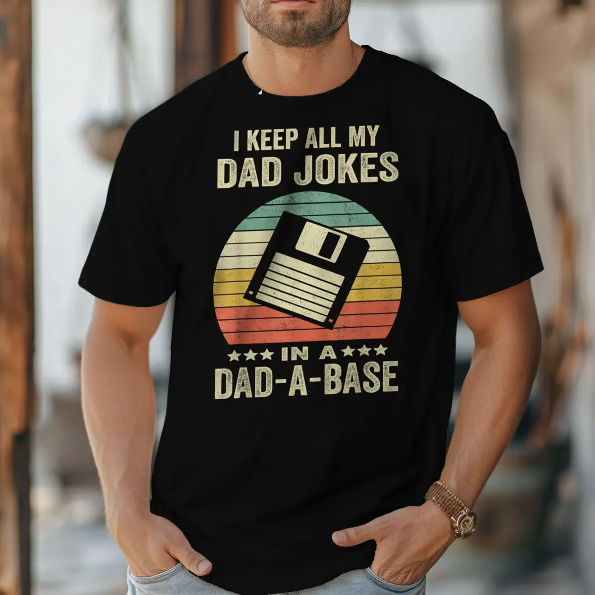 I Keep All My Dad Jokes In A Dad-A-Base Retro Tshirt Father's Day Fun Daddy T-Shirt Men O-Neck Tees Male Tshirt Gift