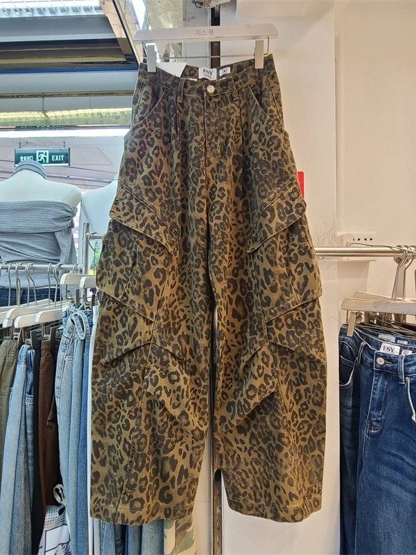 

Джинсы с американским леопардовым принтом в стиле ретро, свободная широкая рабочая одежда с высокой талией, длинные брюки для женщин, осенние новые модные брюки